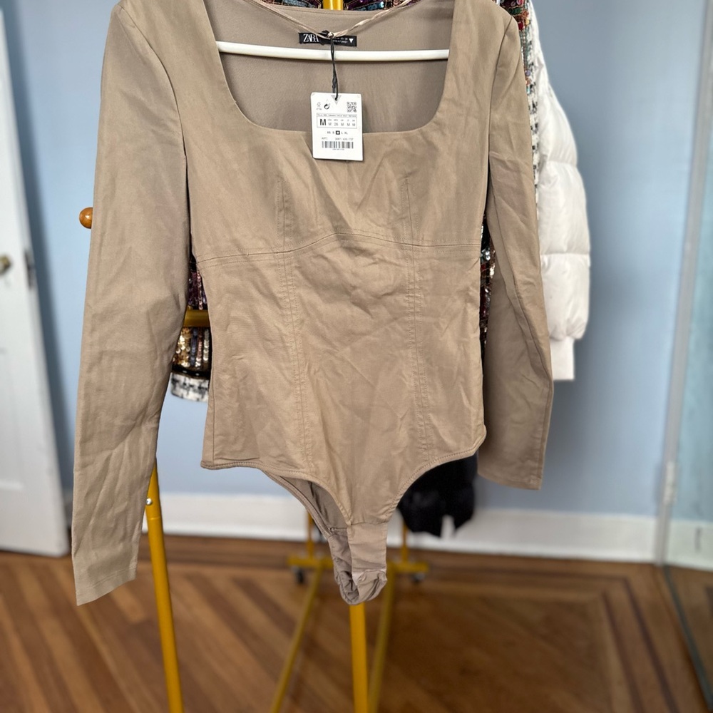 Zara Long Sleeve Square Neck Bodysuit in Taupe